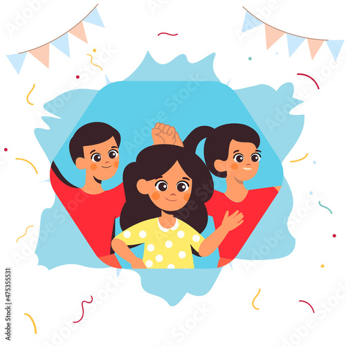 Childrens look through hole in banner. Characters tore up ad poster. Schoolchildren wave their hands affably. Metaphor of coming of spring, benevolent friends. Cartoon flat vector illustration