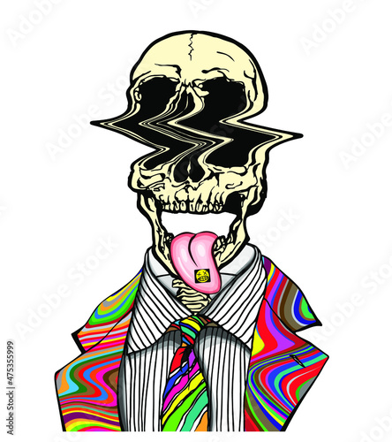 Hand drawn portrait of a strange handsome man with LSD psychedelic skull and tongue out with acid and trippy suit and tie. Head in modern and surreal art style graphics. Isolated vector illustration.