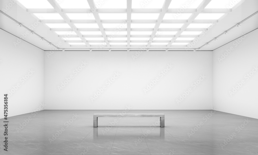 3D rendering illustration of blank walls white cube gallery room with bench for art show mockups. - obrazy, fototapety, plakaty 