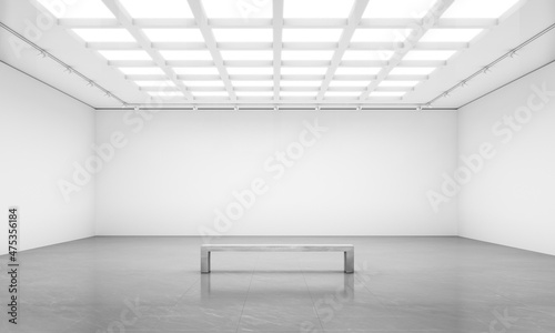 3D rendering illustration of blank walls white cube gallery room with bench for art show mockups. photo
