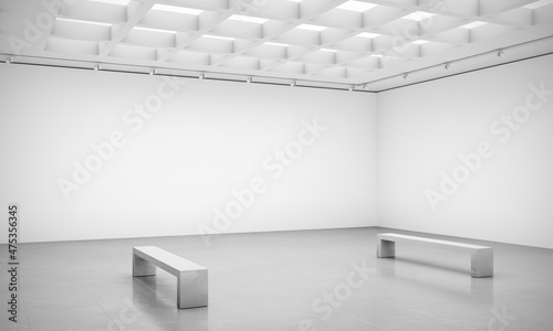 Fototapeta Naklejka Na Ścianę i Meble -  3D rendering illustration of blank walls white cube gallery room with benches for art show mockups.