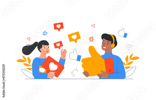People holding social icon. Badgesfrom Internet, metaphor, characters mark material you like. Friends, application, digital world, modern technology, network. Cartoon flat vector illustration