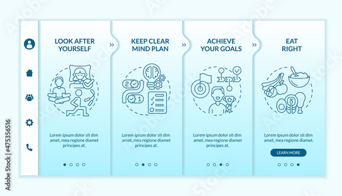 Well balanced life tips turquoise gradient onboarding template. Selfcare style. Responsive mobile website with linear concept icons. Web page walkthrough 4 step screens. Lato-Bold, Regular fonts used