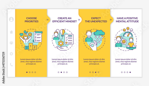 Balanced life tips yellow and orange onboarding template. Selfcare benefits. Responsive mobile website with linear concept icons. Web page walkthrough 4 step screens. Lato-Bold, Regular fonts used
