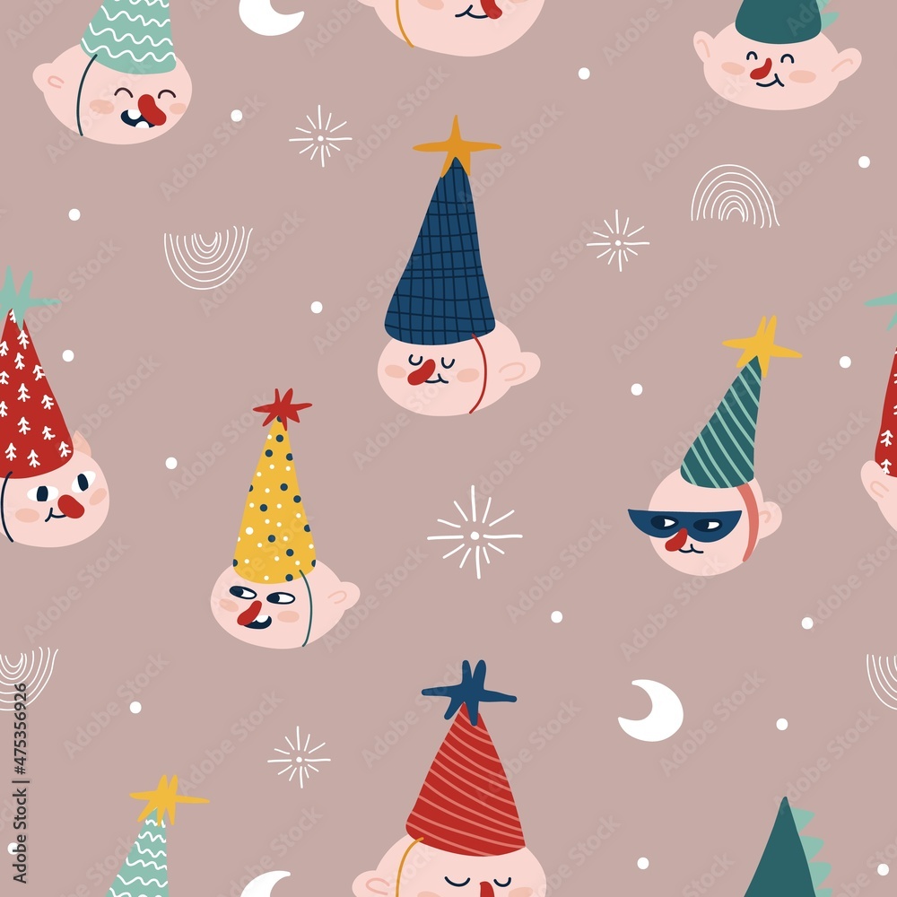 Cute little friends in birthday cones vector seamless pattern. Kids party celebration design