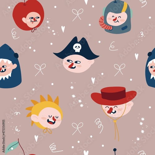 Cute kids wearing hats and costumes vector seamless pattern  children halloween and birthday party events celebration