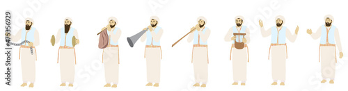 Tribe of Levi - a painting of Levitical figures in the Holy Jewish Temple in Jerusalem. Singing, playing harp, violin, flute, and ancient cymbals. One holds a key. Historical vector drawing. photo