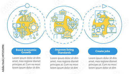 Positive automation impact blue circle infographic template. Data visualization with 3 steps. Process timeline info chart. Workflow layout with line icons. Myriad Pro-Bold, Regular fonts used