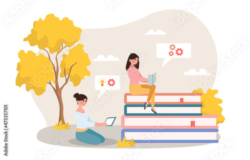 Learning process concept. Girls sitting in park. Characters engaged in selfeducation. Modern technologies against old knowledge. Nature near institute, autumn. Cartoon flat vector illustration photo