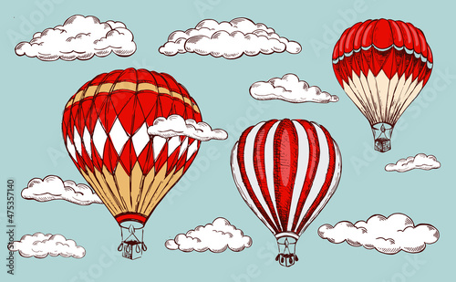 Obraz na plátně Hot air balloons flying. Hand drawn illustration.