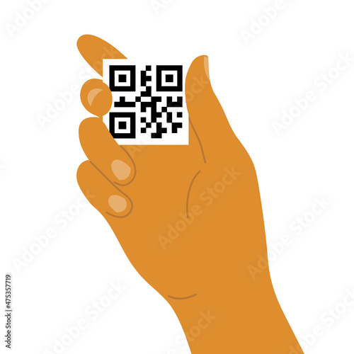 Vaccinated human holding in hand white square with qr code. Man or woman showing vaccination certificate. Digital or paper covid vaccine passport. Vector illustration of pass code. Person with qr-code