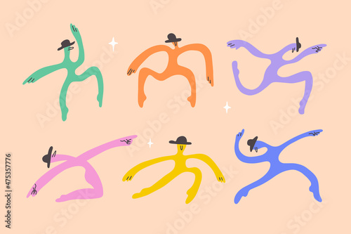 Vector set of dancing people. Neon colors characters make different dance movements. Abstract persons with disproportionate hands and legs in various poses. Isolated illustration of people silhouettes