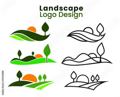 Landscape logo design illustration. Vector flat minimalist logo concepts in 3 colored  versions.
