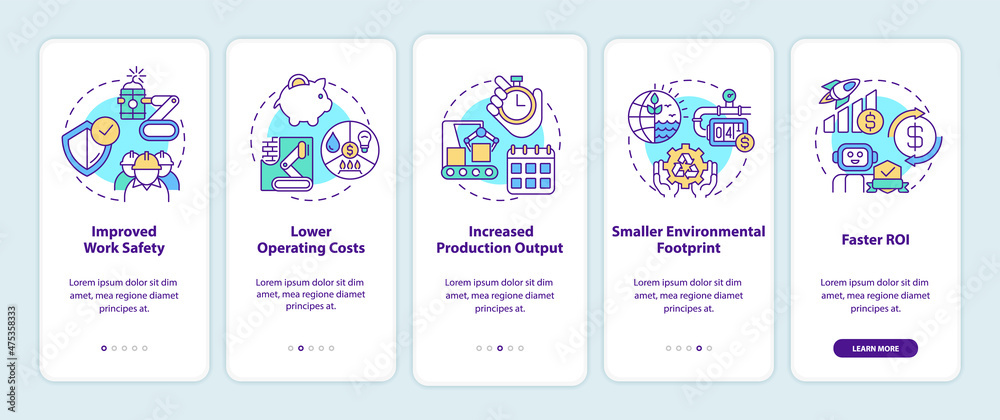 Benefits of automation onboarding mobile app screen. Production walkthrough 5 steps graphic instructions pages with linear concepts. UI, UX, GUI template. Myriad Pro-Bold, Regular fonts used Benefits of automation onboarding mobile app screen. Production walkthrough 5 steps graphic instructions pages with linear concepts. UI, UX, GUI template. Myriad Pro-Bold, Regular fonts used