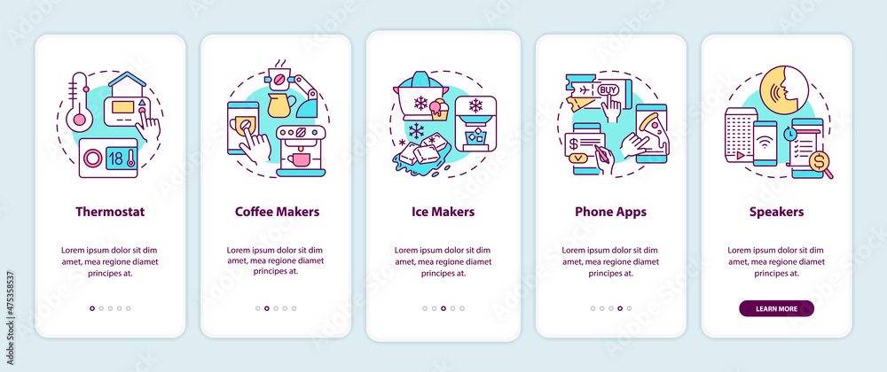 Examples of daily automation onboarding mobile app screen. Walkthrough 5 steps graphic instructions pages with linear concepts. UI, UX, GUI template. Myriad Pro-Bold, Regular fonts used Examples of daily automation onboarding mobile app screen. Walkthrough 5 steps graphic instructions pages with linear concepts. UI, UX, GUI template. Myriad Pro-Bold, Regular fonts used