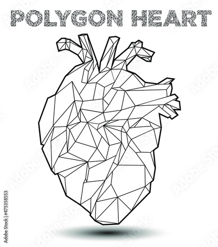 Abstract vector illustration of black and white geometric polygonal heart wire mesh.