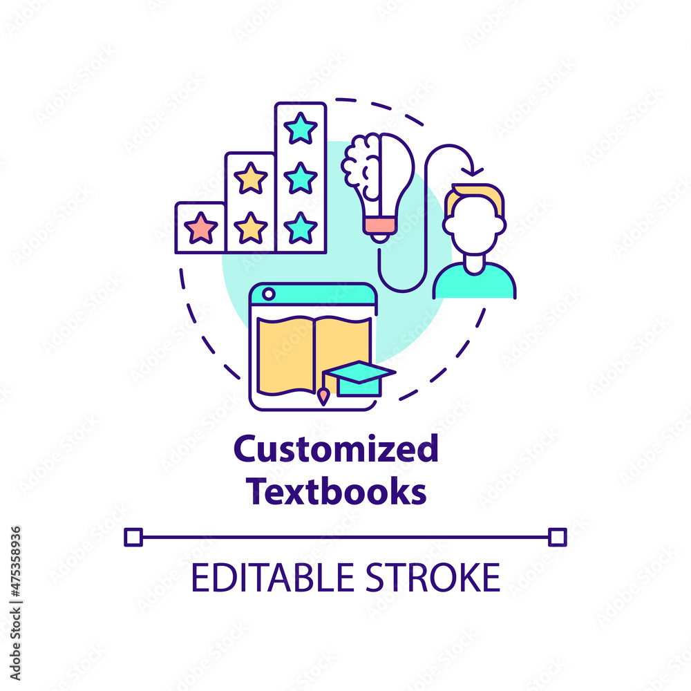 Customized textbooks concept icon. E learning. Automated education abstract idea thin line illustration. Isolated outline drawing. Editable stroke. Roboto-Medium, Myriad Pro-Bold fonts used