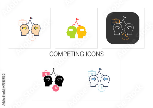 Competing icons set. Competition between coworker. Stress position without considering opposing view points.Collection of icons in linear, filled, color styles.Isolated vector illustrations