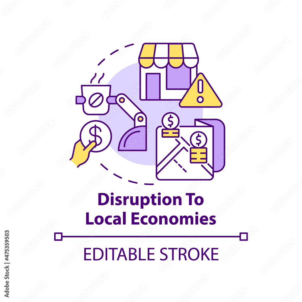 Disruption to local economies concept icon. Automation disadvantages abstract idea thin line illustration. Isolated outline drawing. Editable stroke. Roboto-Medium, Myriad Pro-Bold fonts used