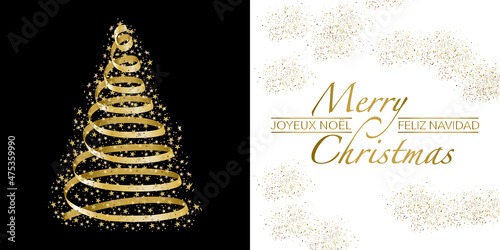 2022-Carte avec une typographie élégante pour souhaiter Noël, fond blanc et noir avec un sapin étoilés or - texte anglais, français, espagnol, traduction : joyeux Noël.