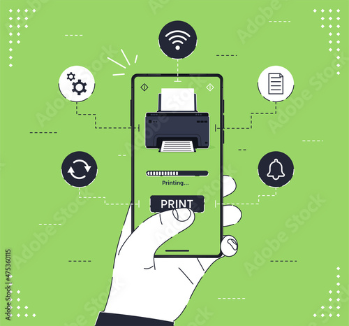 Online print app. Hand with phone on printer in screen. Vector illustration concept.