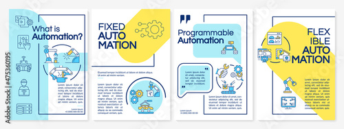 Automation types yellow, blue brochure template. Booklet print design with linear icons. Vector layouts for presentation, annual reports, ads. Arial Black, Myriad Pro Regular fonts used