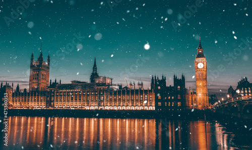 Canvas Print Famous Big Ben in the evening snow, London, England