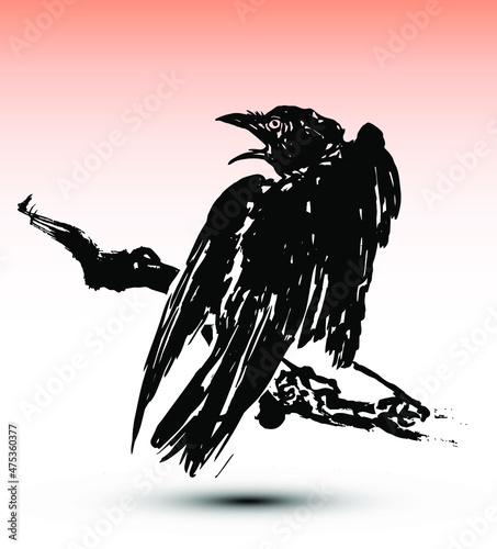 Crow on a branch. Japanese style traditional woodblock printing of ink crow on a branch in watercolor sunset sky. 