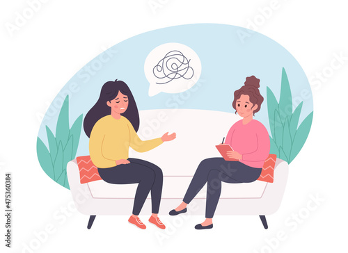 Woman talking with psychologist. Psychology therapy, mental health concept. Vector illustration
