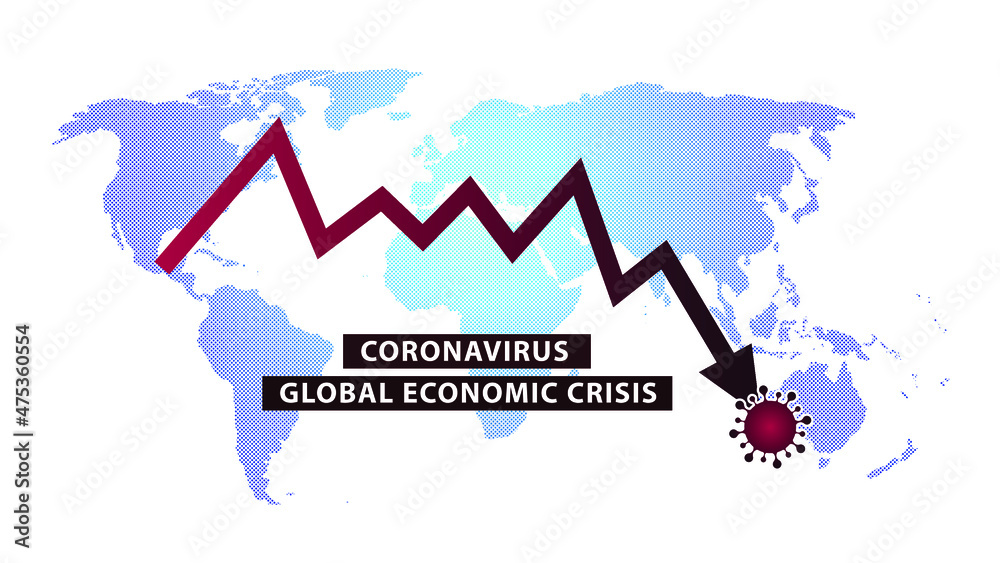 Coronavirus global Economic Crisis. Abstract black and white vector illustration of the new coronavirus global crisis with world map and growth graph.