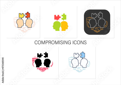 Compromising icons set.Dispute resolution. Successfully handles, resolves issues sensibly and fairly.Collection of icons in linear, filled, color styles.Isolated vector illustrations
