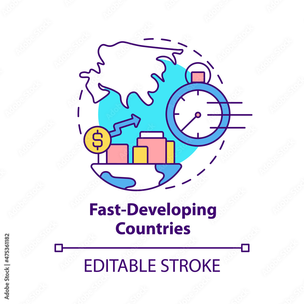 Fast-developing countries concept icon. Experiencing strong growth abstract idea thin line illustration. Isolated outline drawing. Editable stroke. Roboto-Medium, Myriad Pro-Bold fonts used Fast-developing countries concept icon. Experiencing strong growth abstract idea thin line illustration. Isolated outline drawing. Editable stroke. Roboto-Medium, Myriad Pro-Bold fonts used