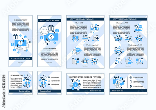 Universal basic income set of marketing templates.Economic growth abstract design. Inequality and inflation. Global economy advertisements include brochures,banner, social poster,flyer,business cards