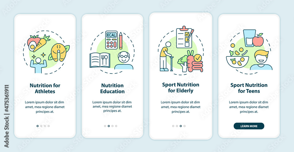 Eating for exercise and sports onboarding mobile app screen. Nutrition walkthrough 4 steps graphic instructions pages with linear concepts. UI, UX, GUI template. Myriad Pro-Bold, Regular fonts used