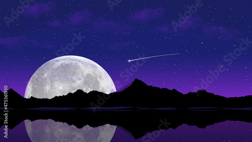 A huge moon is seen rising over a mountain lake as a shooting star appears in the sky in a 3-d illustration.