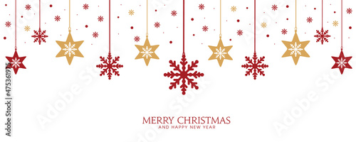 Christmas background with snowflakes hanging and falling red and gold flakes. Vector design of winter holidays. Merry Christmas greeting card and Happy New Year. Banner.