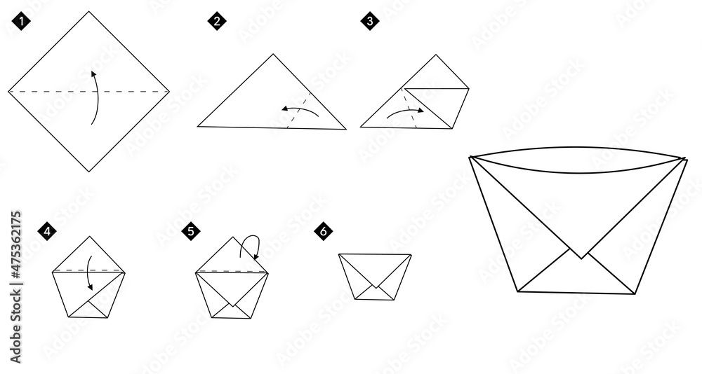 Step by step instructions how to make origami cup. Simple monochrome ...