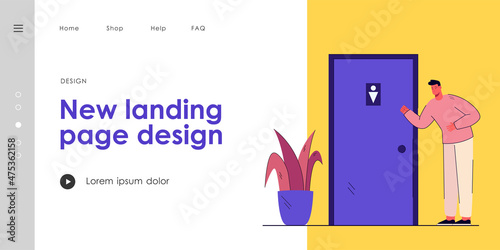Cartoon young man standing near toilet door. Flat vector illustration. Person in need of peeing, having diarrhea symptoms, trying to go to bathroom. Toilet, health, basic need, natural habit concept
