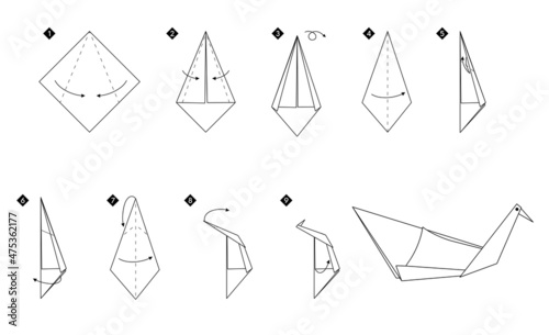 Step by step instructions how to make origami  swan. Simple monochrome  black line DIY tutorial isolated on white.