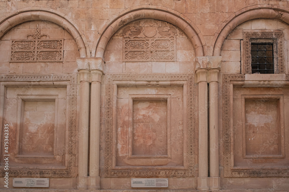 Beautiful columns and inscriptions on the wall, Ishakpasa(Ishak Pasha) Palace, Dogubeyazit, Agri, Turkey