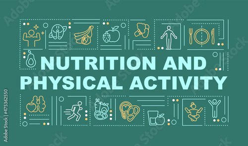 Diet and physical activity word concepts green banner. Infographics with linear icons on background. Isolated typography. Vector outline color illustration with text. Arial-Black font used
