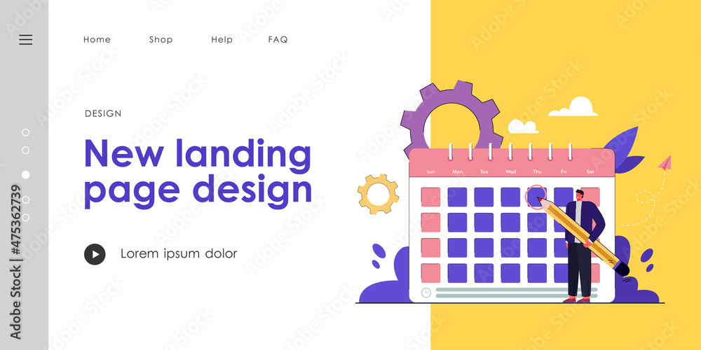 Obraz premium Tiny man in front of giant calendar cartoon vector illustration. Person checking schedule, events, meetings, agendas and deadlines with huge pencil. Organizing, time management, planning concept