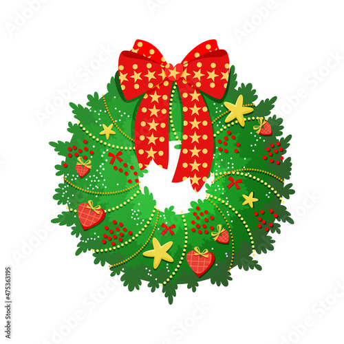 Christmas wreath. Christmas tree branches, big bow, garlands, stars and hearts. Vector illustration.
