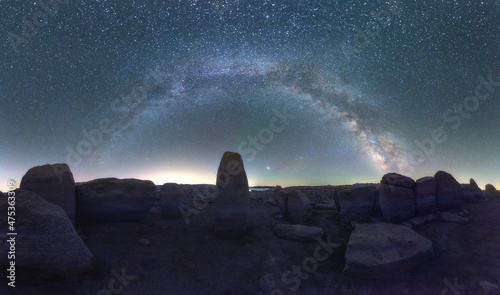 Panoramic view of Megalithic landmark under stars sky, Milky Way arch