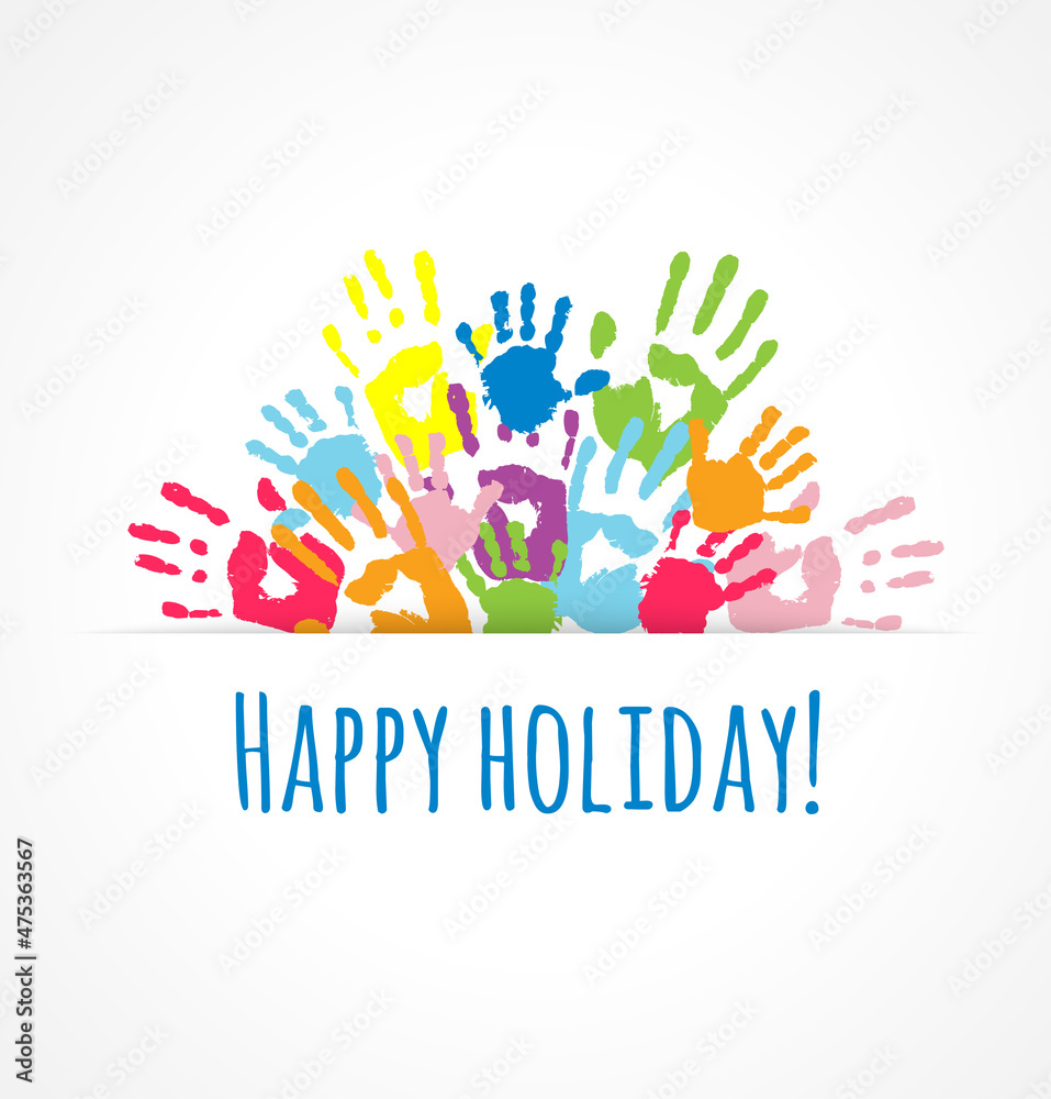 Fototapeta premium Semicircle of the handprints. Bright holiday background.