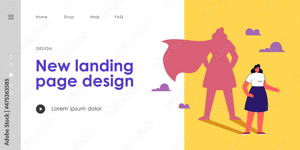 Happy brave woman with super hero shadow. Strong successful female leader flat vector illustration. Feminism, strong women, leadership concept for banner, website design or landing web page Happy brave woman with super hero shadow. Strong successful female leader flat vector illustration. Feminism, strong women, leadership concept for banner, website design or landing web page