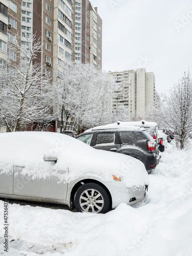 Cars in Moscow during heavy snowfall in Russia