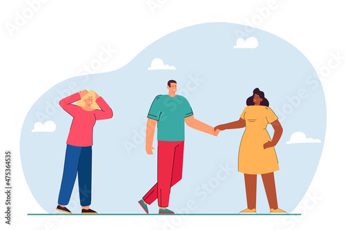 Sad woman looking at happy couple holding each others hands. People in love triangle flat vector illustration. Relationship, jealousy, love concept for banner, website design or landing web page