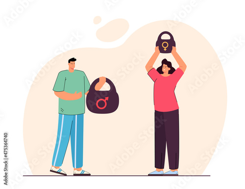 People holding weight with symbols for man and woman. Both sexes competing in strength flat vector illustration. Competition, family relationship concept for banner, website design or landing web page