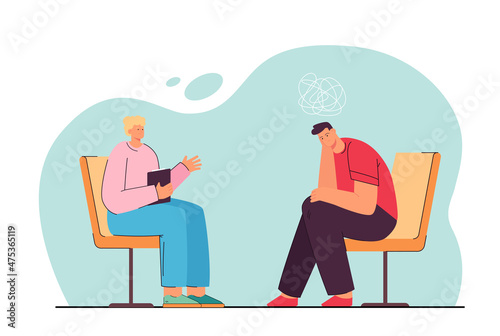 Psychologist sitting in front of patient with mental disorder. Psychiatrist session flat vector illustration. Health care, psychological service concept for banner, website design or landing web page